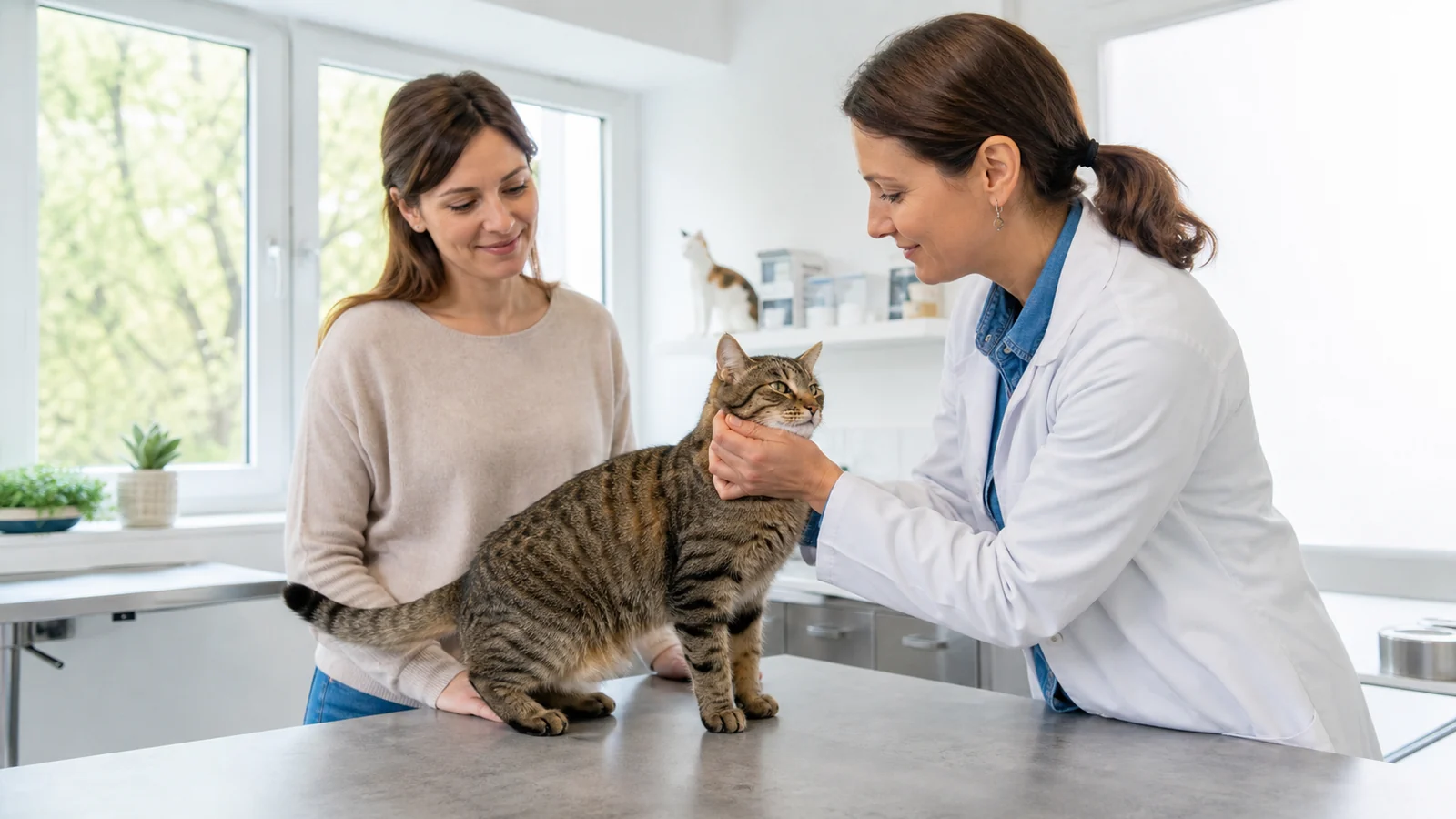 Tierärztin untersucht eine ruhige Katze in Anwesenheit ihrer Halterin