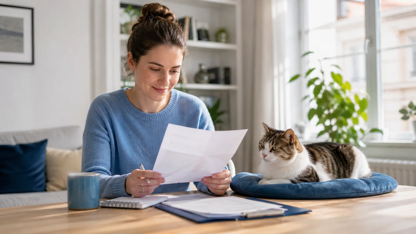 Katzenhalterin prüft Versicherungsunterlagen, während ihre Katze neben ihr liegt