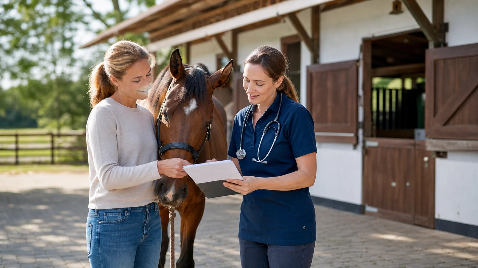 Pferdehalterin und Tierärztin besprechen Unterlagen neben einem Pferd